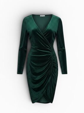 Guberry Emerald Green Velvet Ruched Faux Wrap Dress